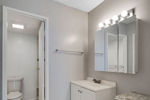 A bathroom with a toilet, sink, and mirror.