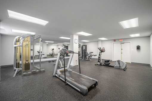 A gym with a treadmill, weights, and exercise equipment.