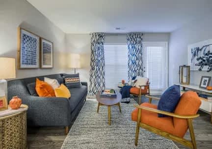 A living room with a grey couch, a wooden chair, and a patterned rug.