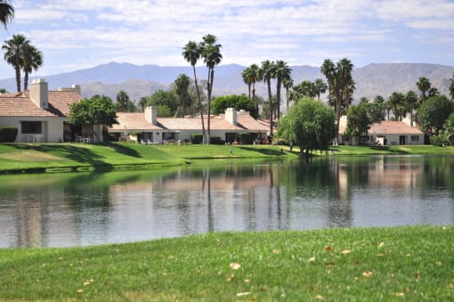 a large pond sits in front of a row of houses