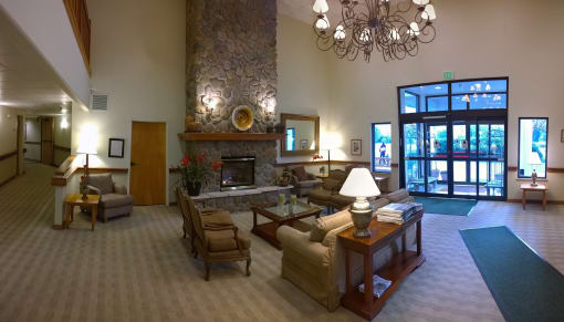 a living room with couches chairs and a fireplace