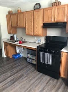 A black oven is in a kitchen with wooden cabinets.