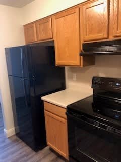 A black fridge and stove in a kitchen with wooden cabinets.