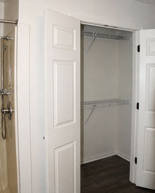 A white closet with a door open and a shelf.