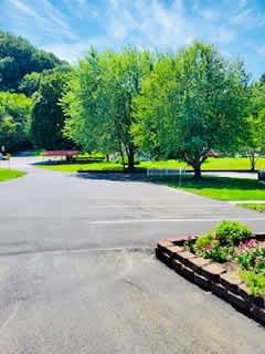 A road with a wooden flower bed on the side.