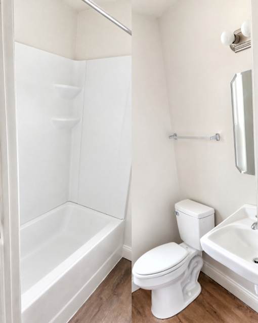 A white toilet sits next to a bathtub in a bathroom.