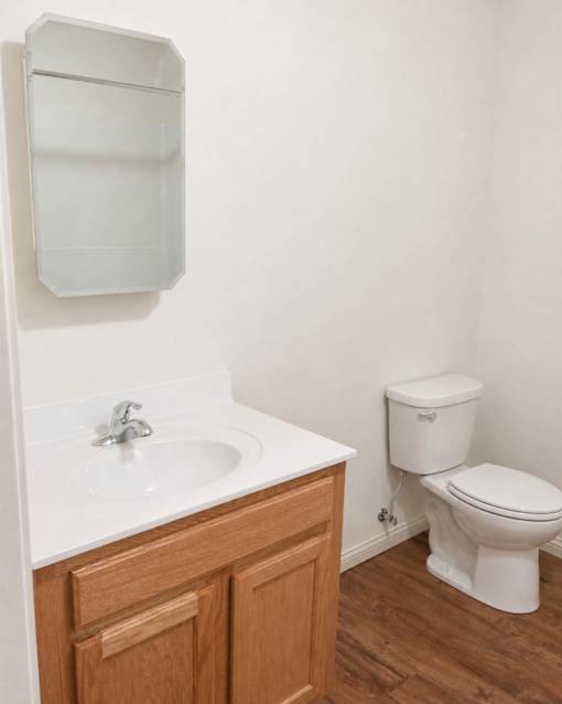 A white toilet sits next to a sink in a small bathroom.
