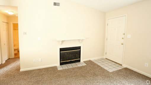 A living room with a fireplace and a carpet.