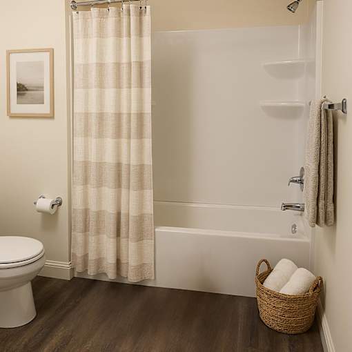 A bathroom with a toilet, a shower curtain, a basket with towels and a towel rack.