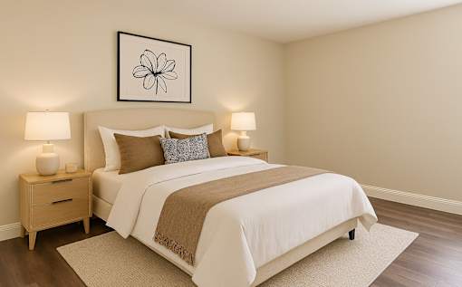 A bedroom with a bed, nightstand, and lamp.