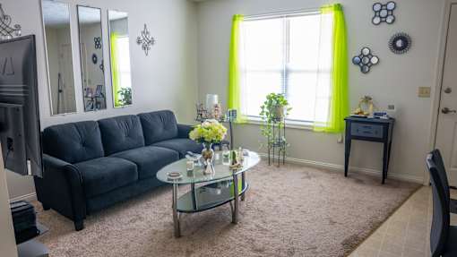 A living room with a black couch, a glass coffee table, and a TV.