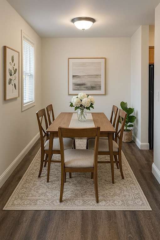 A dining room with a wooden table and chairs.