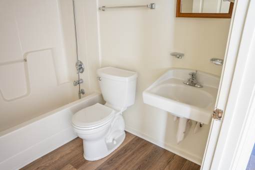 A white toilet and sink in a small bathroom.