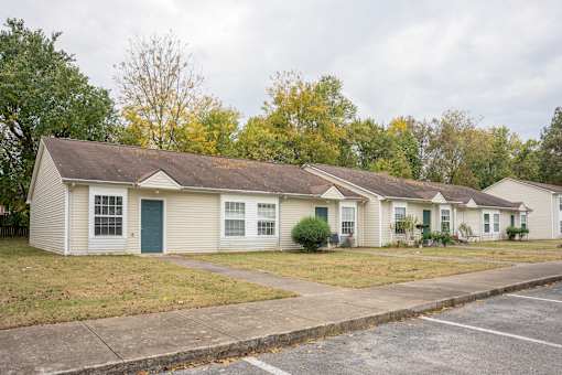 A row of houses with green doors and windows.
