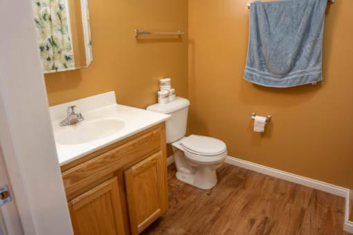 A bathroom with a toilet, sink, and towel rack.