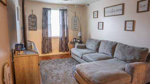 A living room with a grey couch and a wooden cabinet.