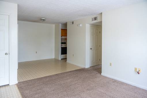 A room with white walls and a brown carpet.