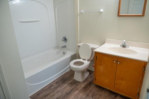 A white toilet sits next to a bathtub in a bathroom.