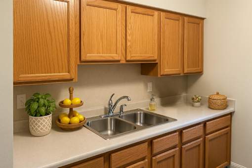 A kitchen with wooden cabinets and a white countertop.