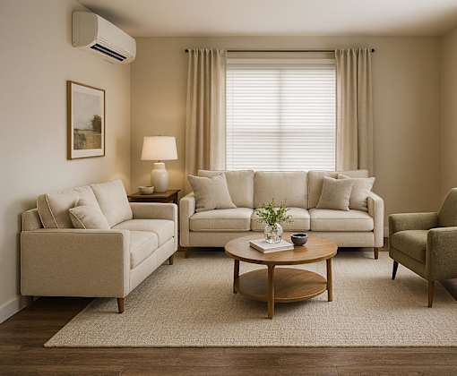 A living room with a sofa, armchair, and coffee table.