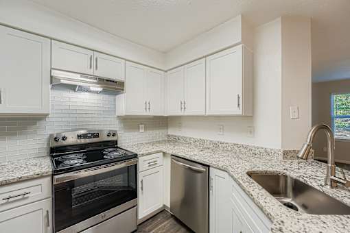 A kitchen with a stove, dishwasher, and sink.