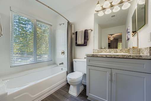 A white toilet sits next to a bathtub in a bathroom.
