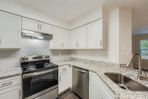 A kitchen with a stove, dishwasher, and sink.