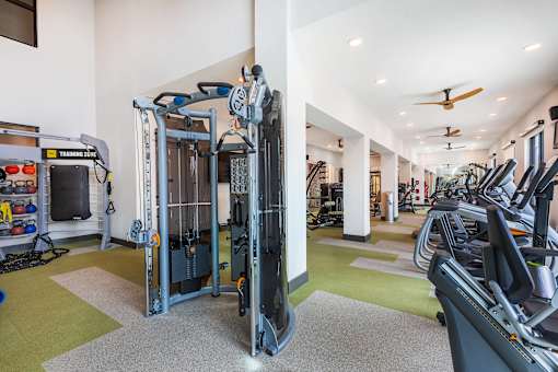 Modern fitness center with cardio machines, strength training equipment, and free weights.