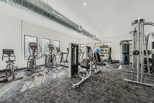 A spacious gym with a variety of equipment including treadmills, stationary bikes, and weight machines.