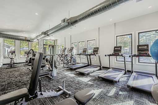 A gym with treadmills, exercise bikes, and other equipment.
