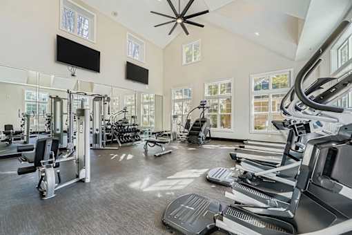A gym with treadmills, weights, and exercise equipment.