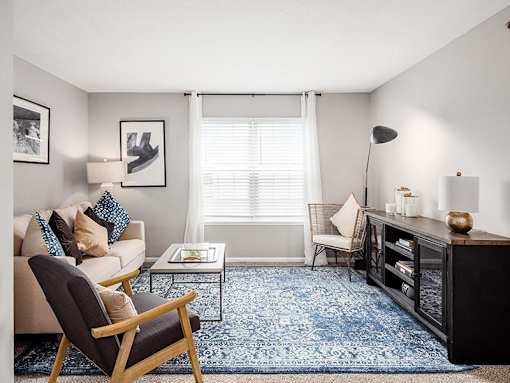 A living room with a blue rug and a wooden chair.