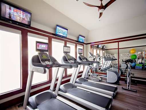 A gym with treadmills and exercise bikes.