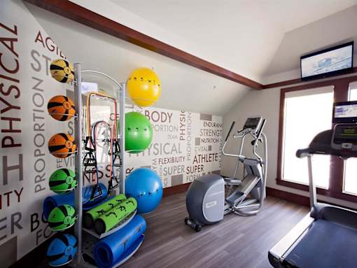 A gym with a treadmill, exercise balls and other equipment.