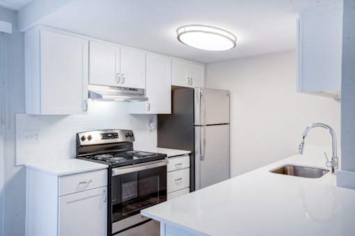 A modern kitchen with white cabinets and stainless steel appliances.