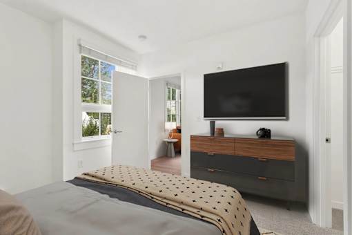 A bedroom with a bed, a dresser, and a television.