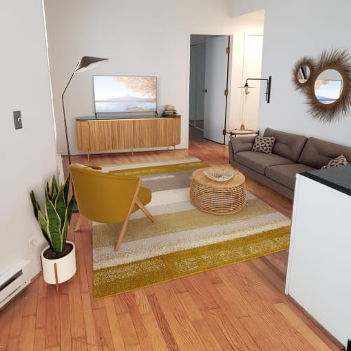 a living room with a couch and a chair and a rug