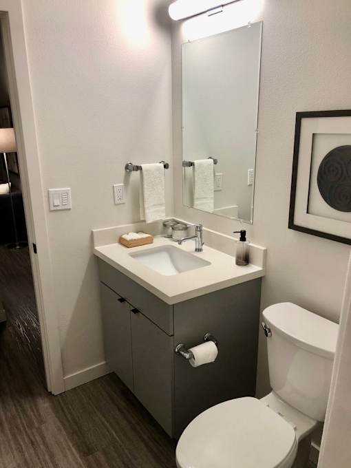 A bathroom with a toilet, sink, and mirror.