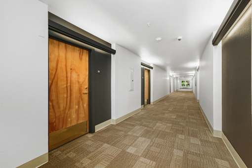 A hallway with a brown carpet and a wooden door.
