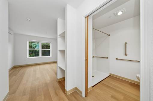 A bathroom with a walk-in shower and a toilet.