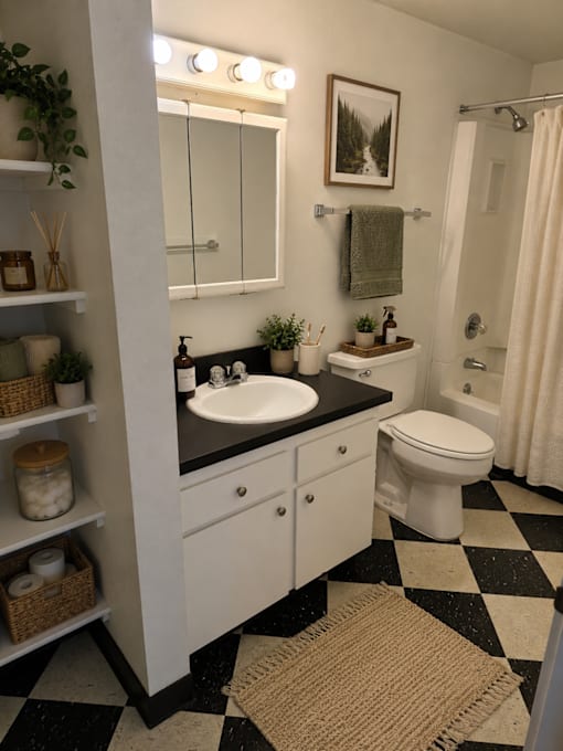 A bathroom with a black and white checkered floor.