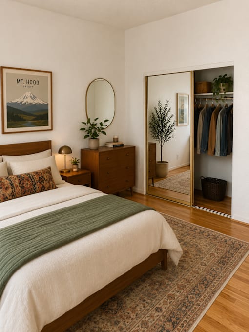 A bedroom with a bed, a dresser, and a mirror.