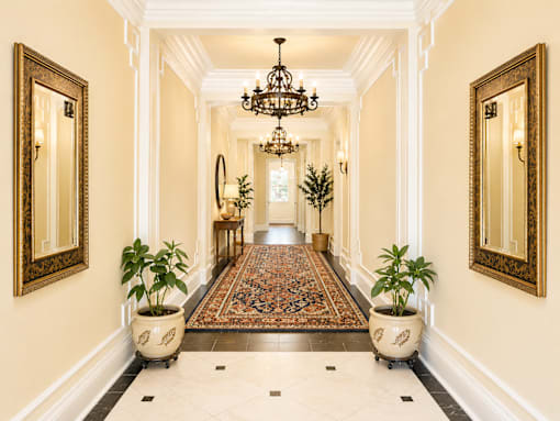 A long hallway with a rug and potted plants on either side.
