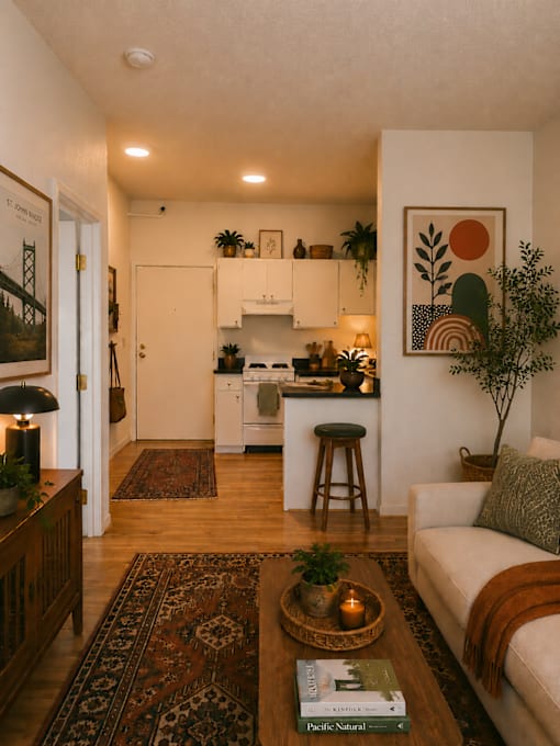 A living room with a couch, a coffee table, and a rug.