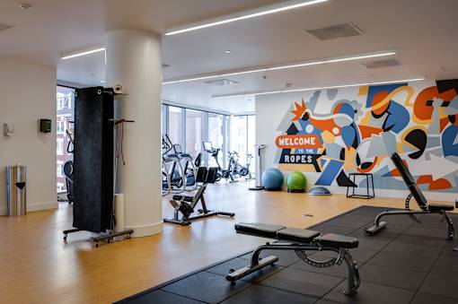 A gym with a large mural on the wall and various exercise equipment.