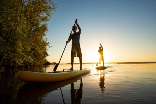 a man and a woman stand up paddle boarding on a lake at sunset