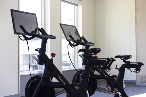 a row of bikes with laptops on them at Moraine, Tacoma