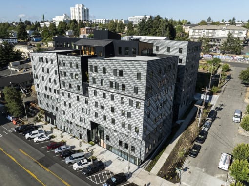 an aerial view of a large building in a city at Moraine, Tacoma, Washington 98402