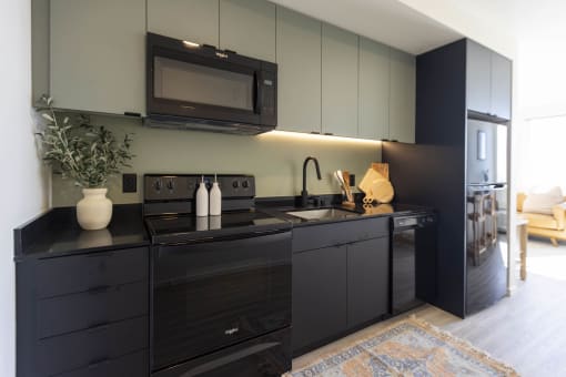 a kitchen with black cabinets and a sink and a microwave at Moraine, Tacoma, Washington