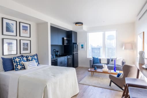 Staged Bedroom at Nomad Apartments, Portland, Oregon